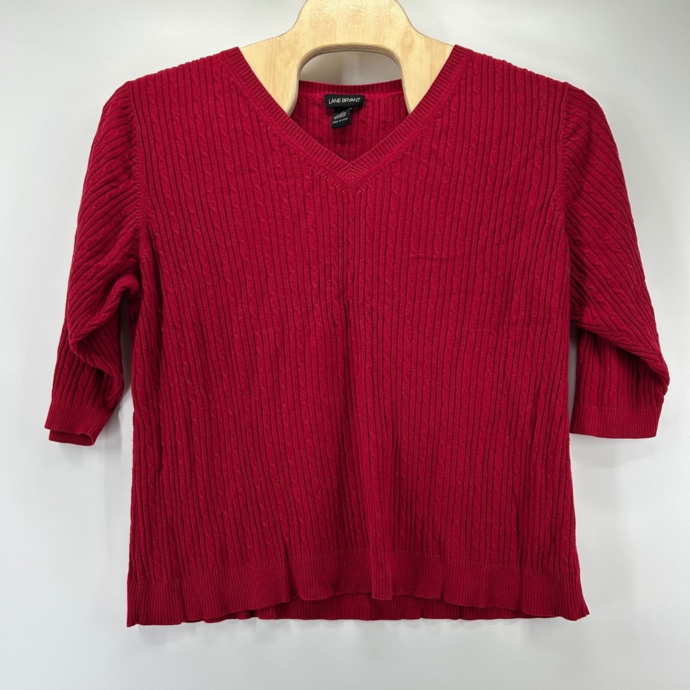 Lane Bryant Sweater Womens 22/24 Red Cable Knit V-Neck 3/4 Sleeve Plus Size